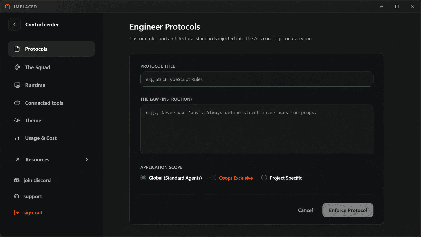 Engineer Protocols screen showing JIT rules and application scope for Implaced Personas.