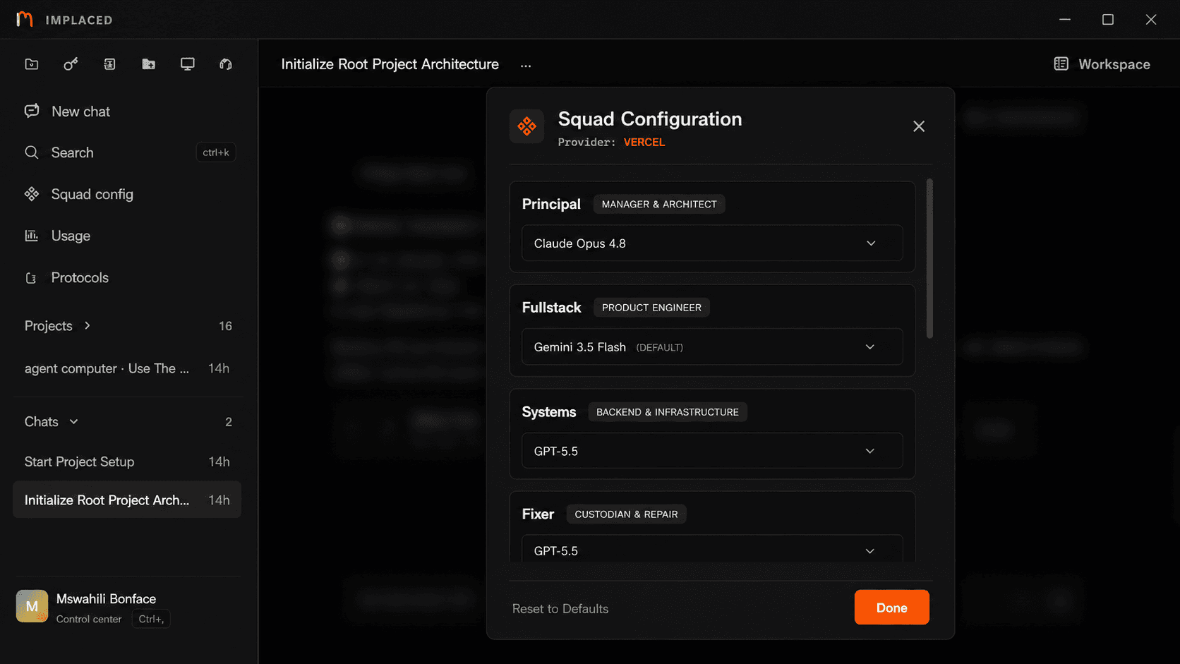 Squad Configuration showing model selection per Implaced Persona.