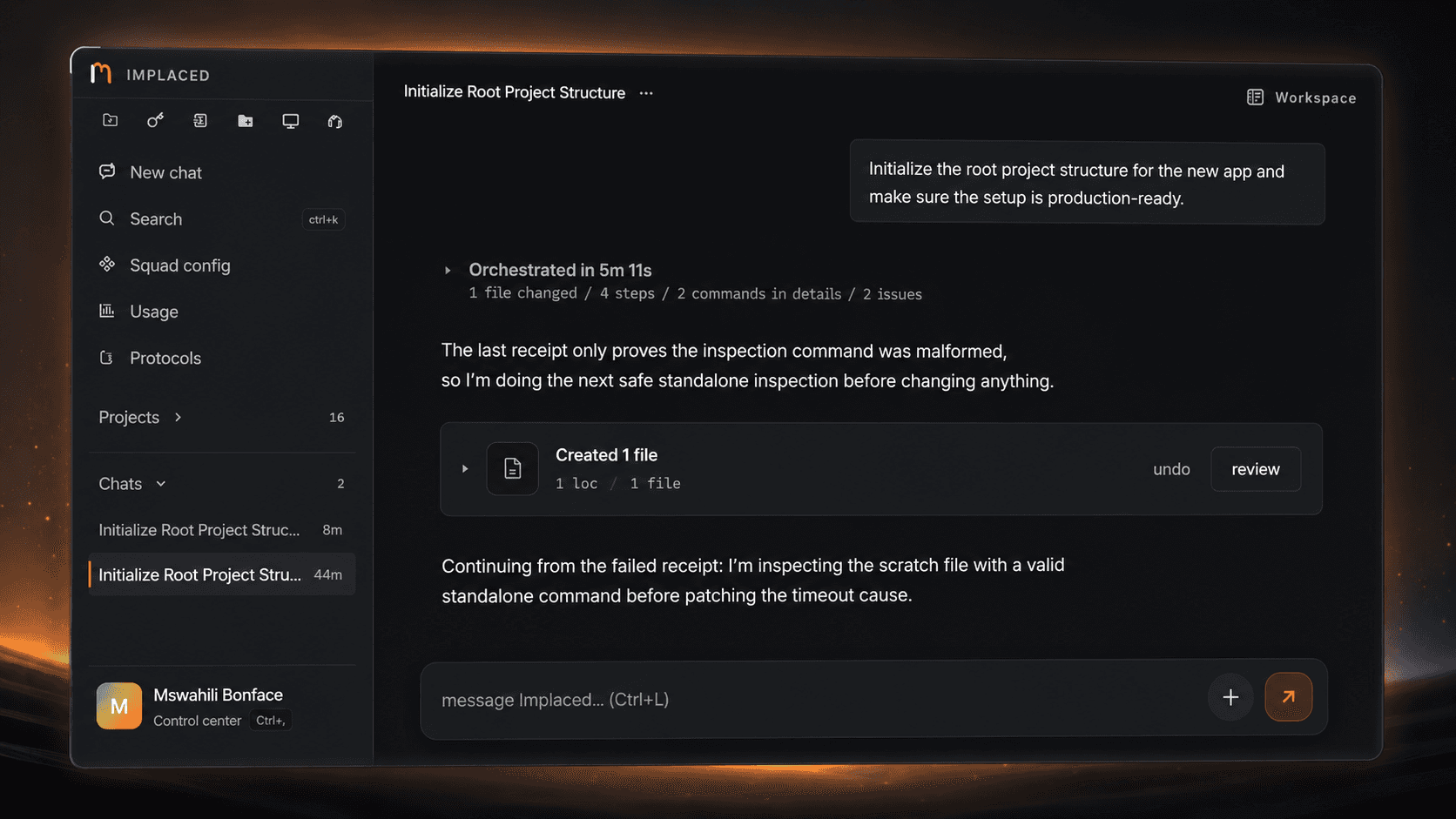 Implaced in action, showing a prompt, orchestration summary, assistant response, and created-file review card.