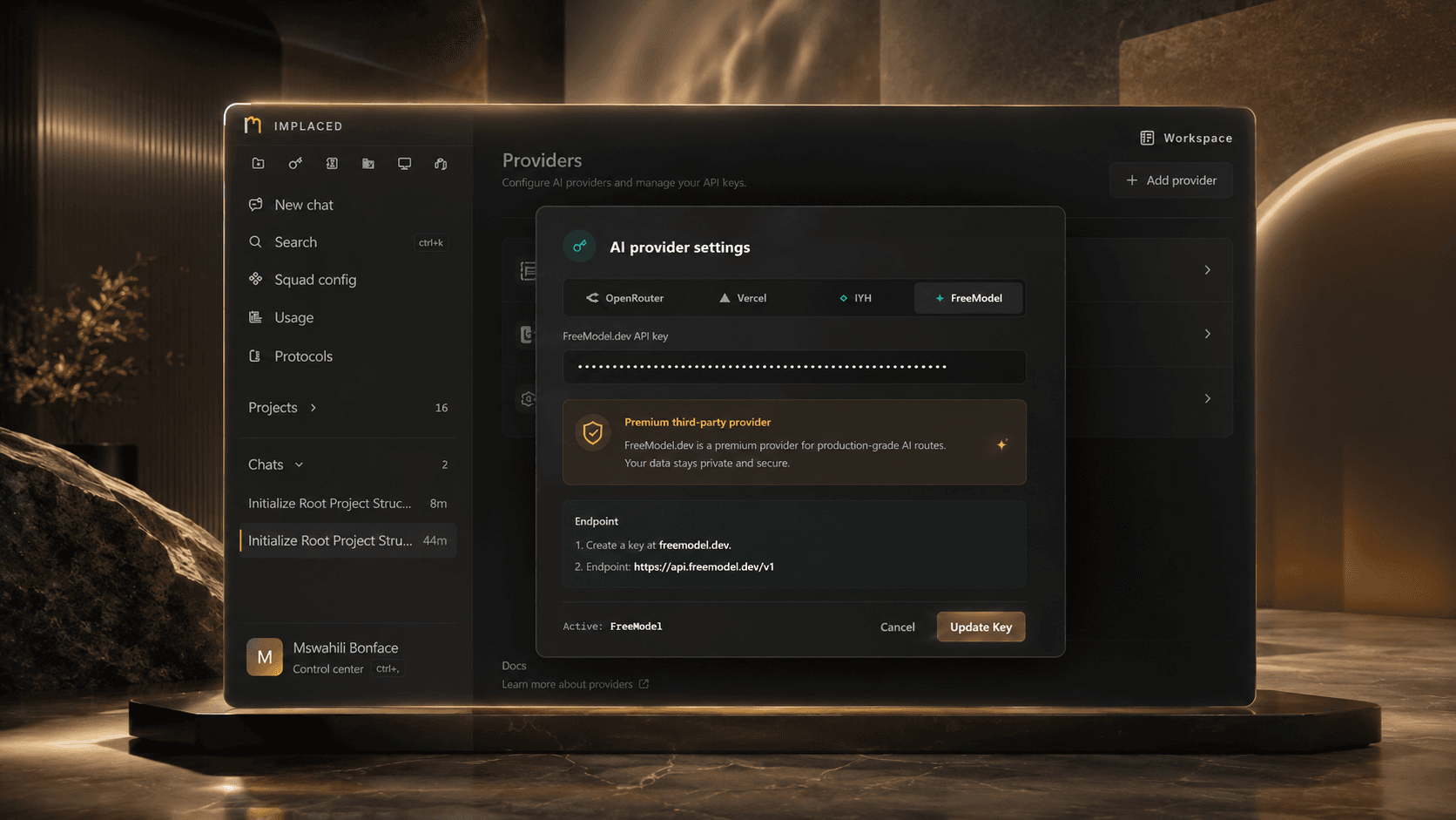 Implaced AI provider settings with OpenRouter, Vercel, IYH, and FreeModel routes.